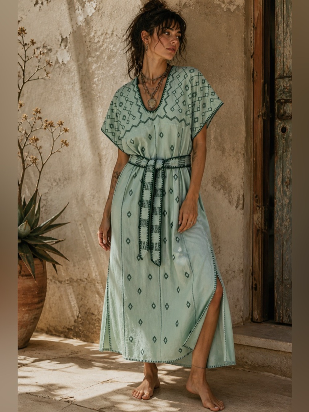 Zara Mint Green Embroidered Maxi Dress